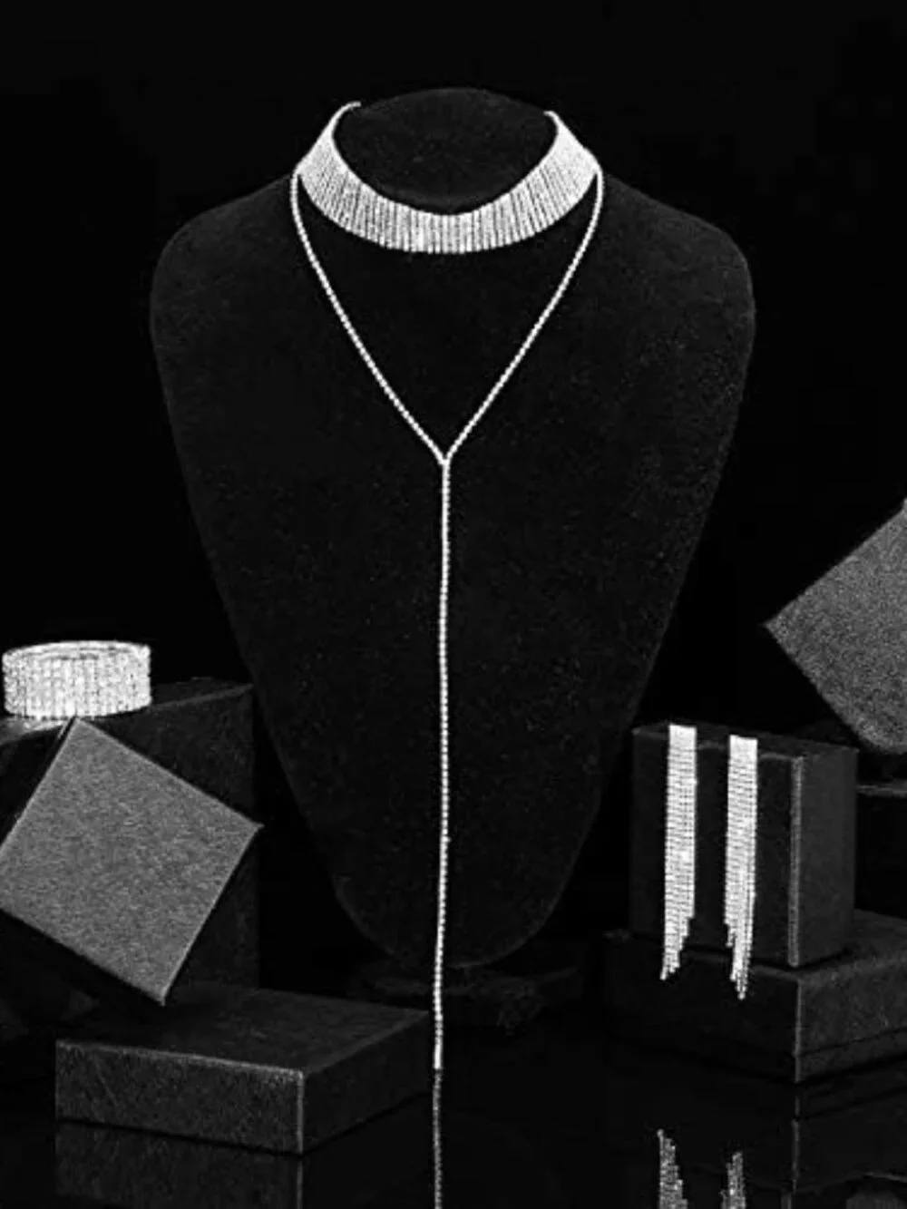 3 Pieces Women Rhinestone‎ Jewelry Set Rhinestone Tassel Choker Necklace Fringe